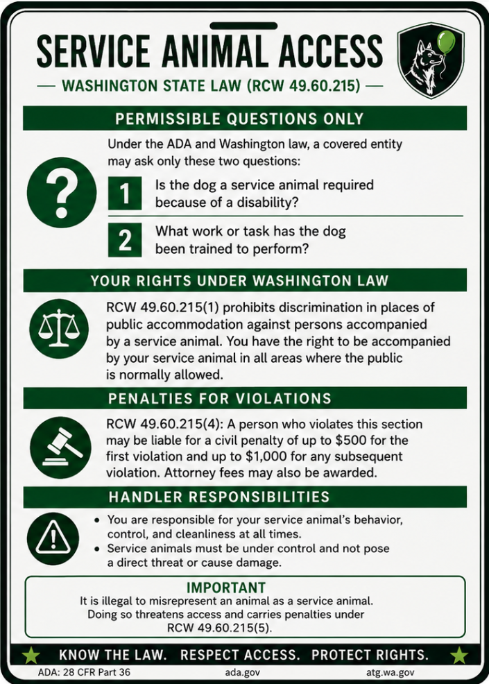 Washington Service Animal Access Card + Lanyard