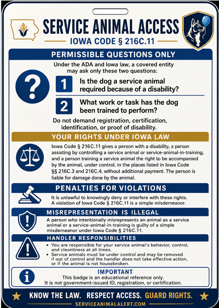 IOWA SERVICE ANIMAL ACCESS CARD + Lanyard