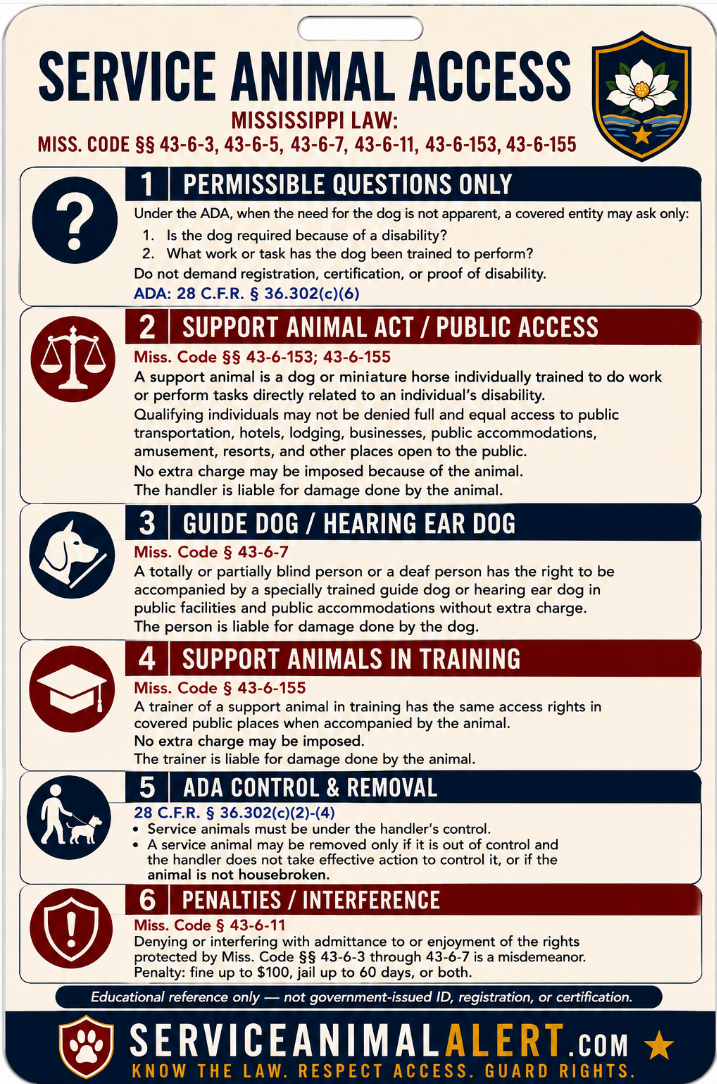 Mississippi Service Animal Access Card