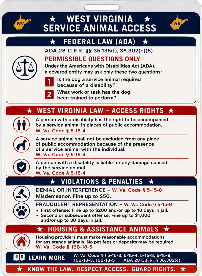 West Virginia Service Animal Access Card + Lanyard